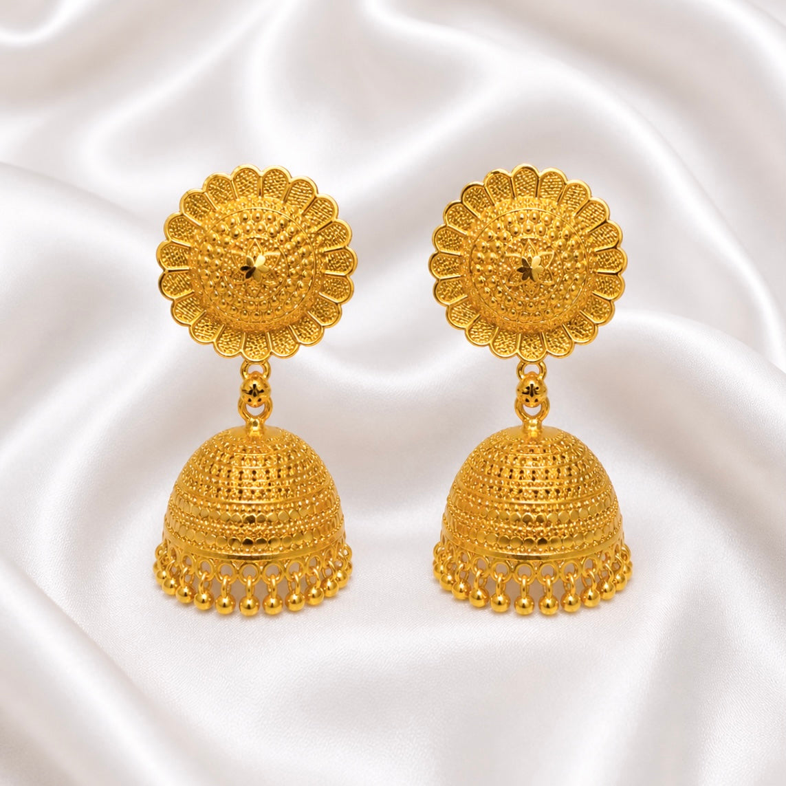 Traditional Ghungroo Floral Sunburst Gold Jhumki Earrings – Temple Jewellery