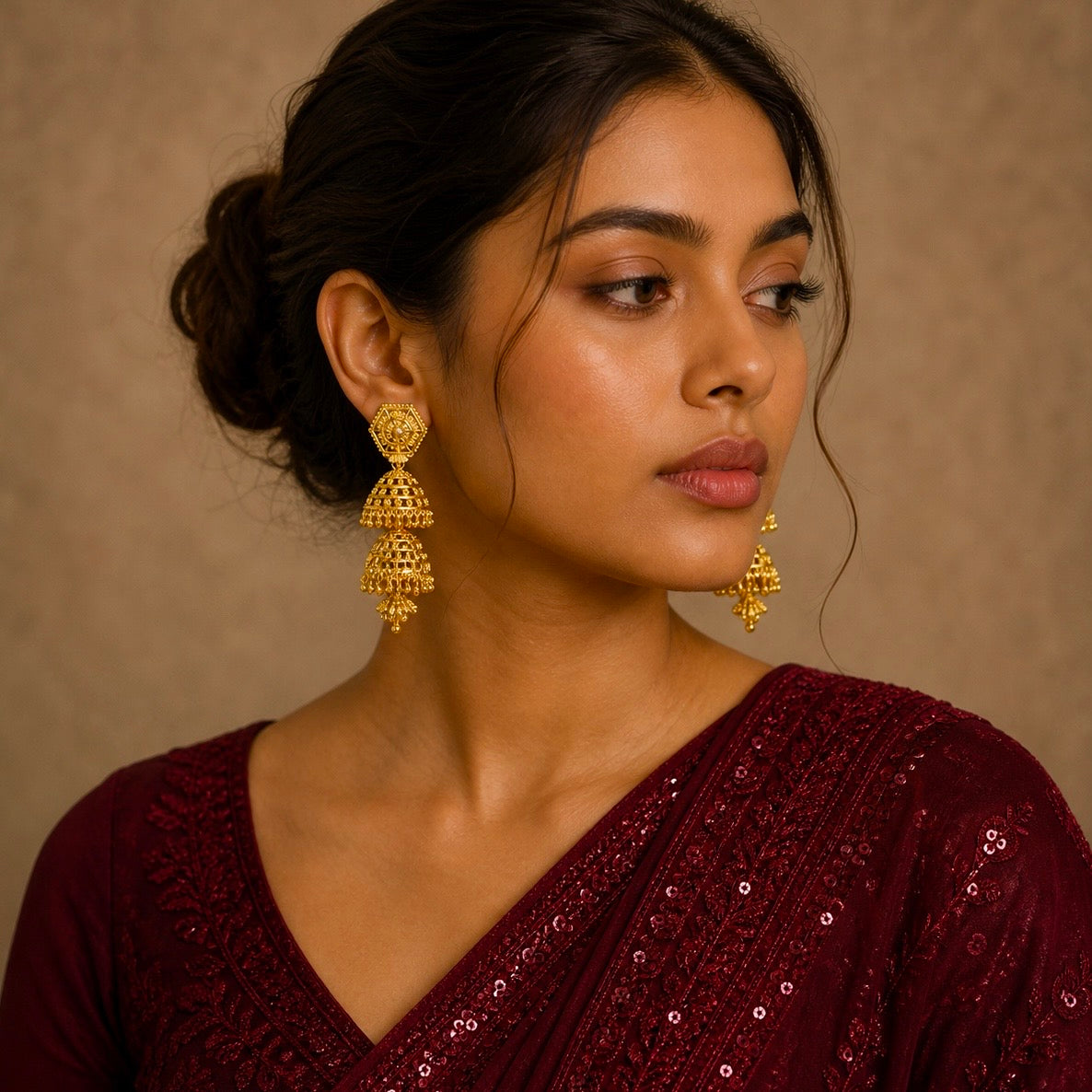 Traditional Hexagonal Double-Layer Ghungroo Gold Jhumki Earrings | Temple Jewellery