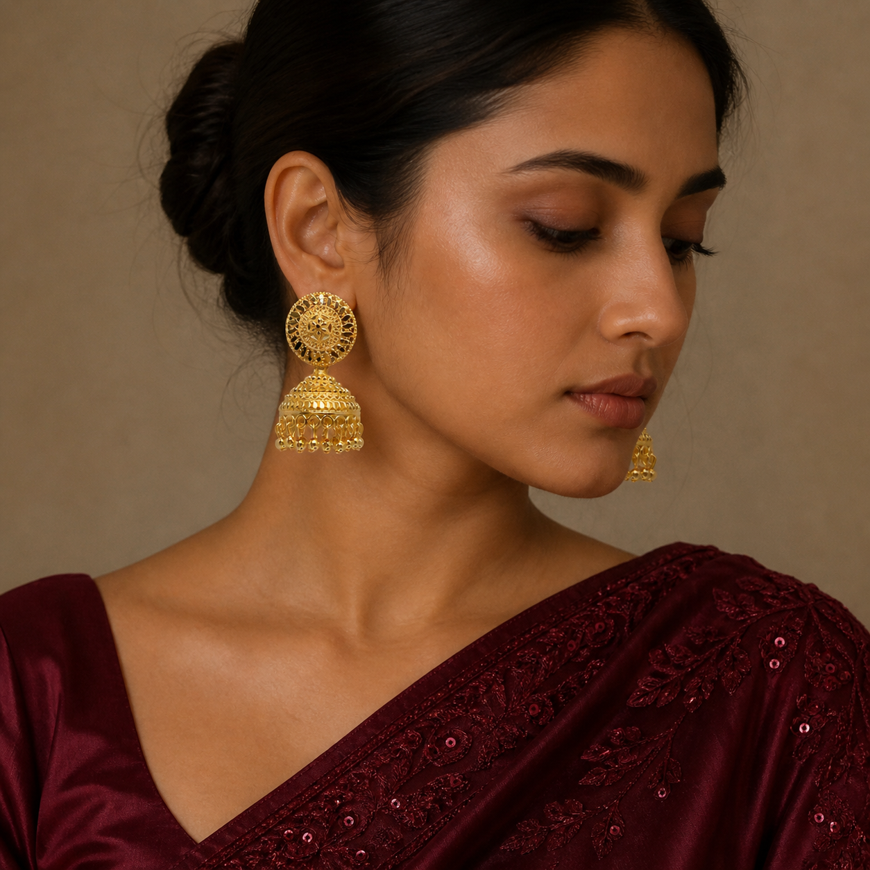Classic Disc & Dome Ghungroo Gold Jhumka Earrings | Handmade Temple Jewellery