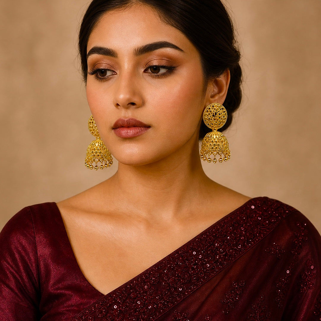 Floral Stud Meshwork Gold Jhumka Earrings – Traditional Ghungroo Temple Jewellery (Pair)