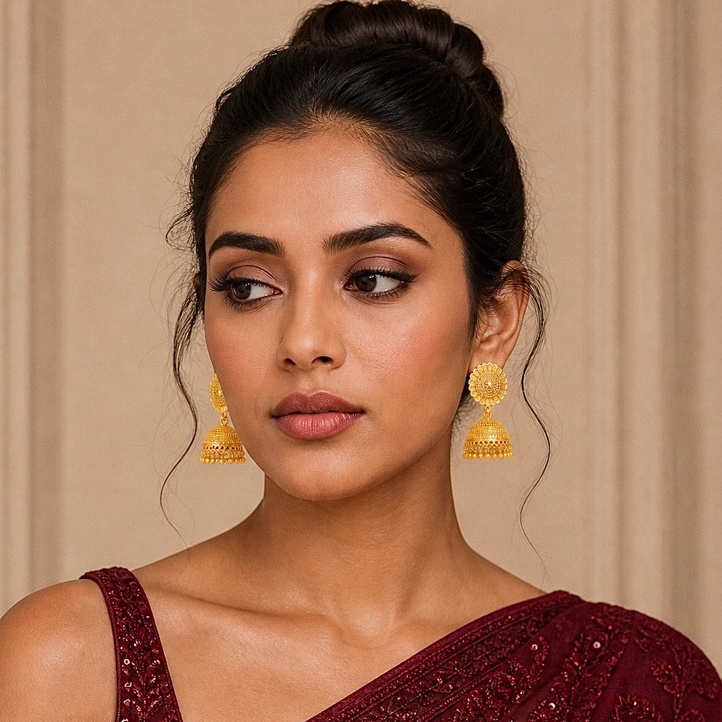 Traditional Ghungroo Floral Sunburst Gold Jhumki Earrings – Temple Jewellery