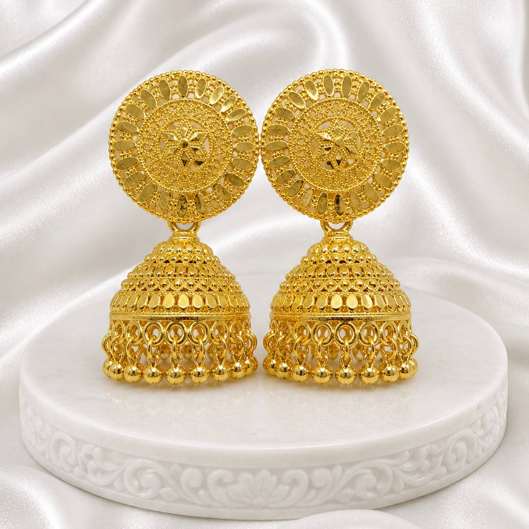 Classic Disc & Dome Ghungroo Gold Jhumka Earrings | Handmade Temple Jewellery