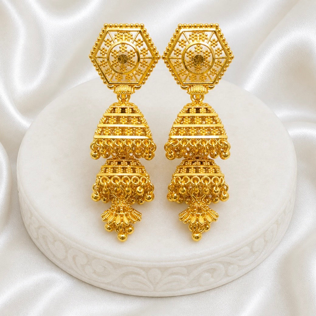 Traditional Hexagonal Double-Layer Ghungroo Gold Jhumki Earrings | Temple Jewellery
