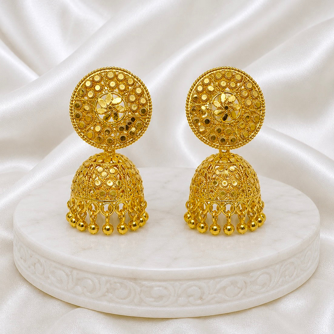 Floral Stud Meshwork Gold Jhumka Earrings – Traditional Ghungroo Temple Jewellery (Pair)