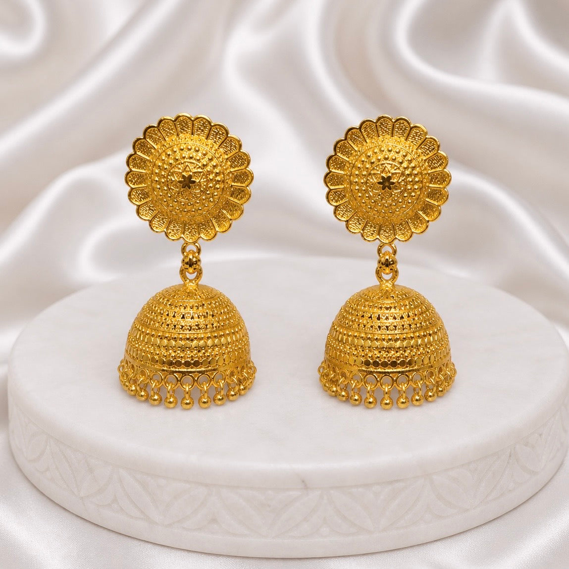 Traditional Ghungroo Floral Sunburst Gold Jhumki Earrings – Temple Jewellery