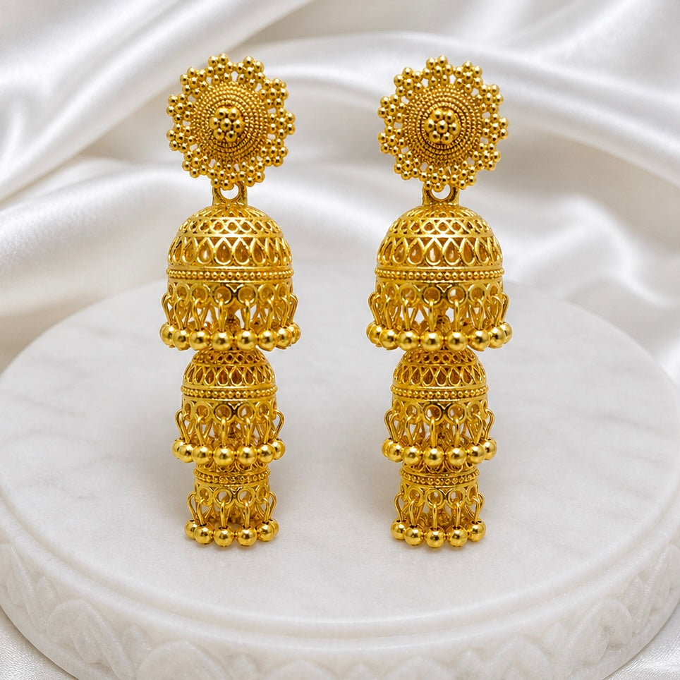 Traditional Gold-Plated Triple Dome Ghungroo Jhumka Earrings | Temple Jewellery
