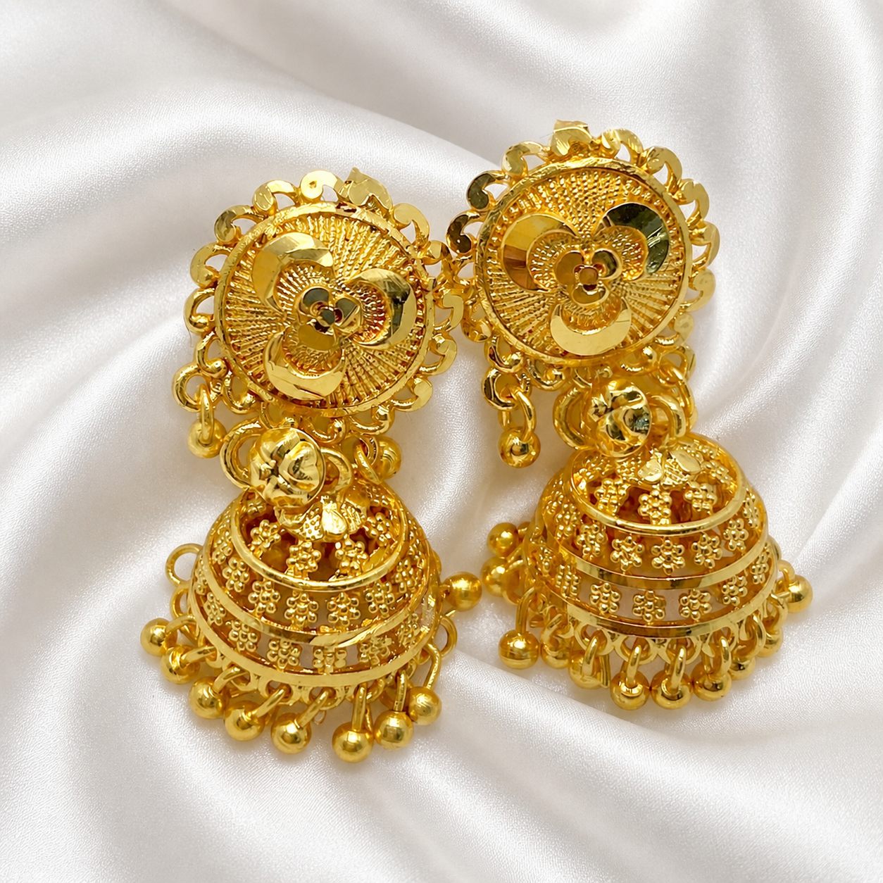 Traditional Ghungroo floral Mesh Work Gold Jhumki Earrings | Temple Jewellery