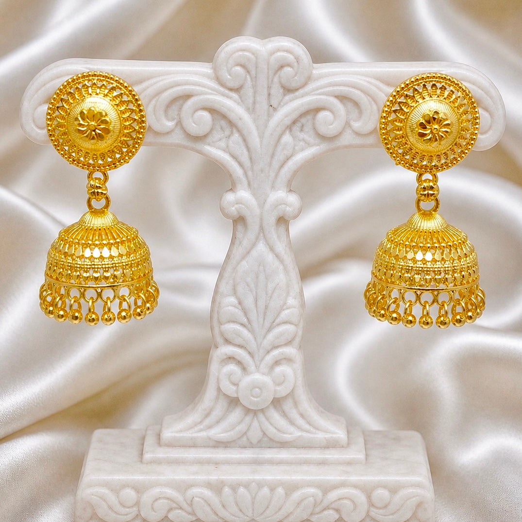 Traditional Coin Stud Gold Jhumki Earrings | Temple Jewellery Mesh Work | Handmade Jhumki’s