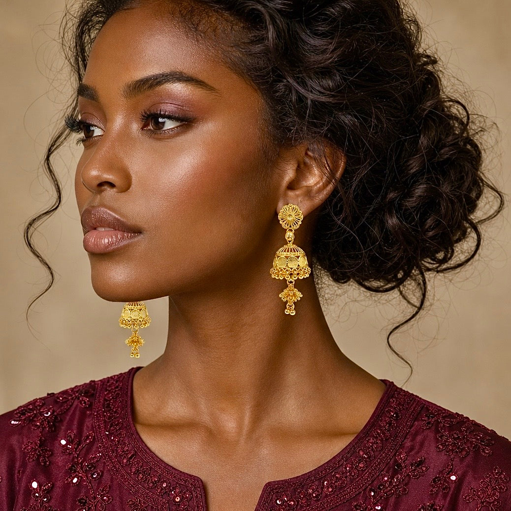 Traditional Floral Double Layer Gold Jhumki Earrings | Ghungroo Mesh Temple Jewellery