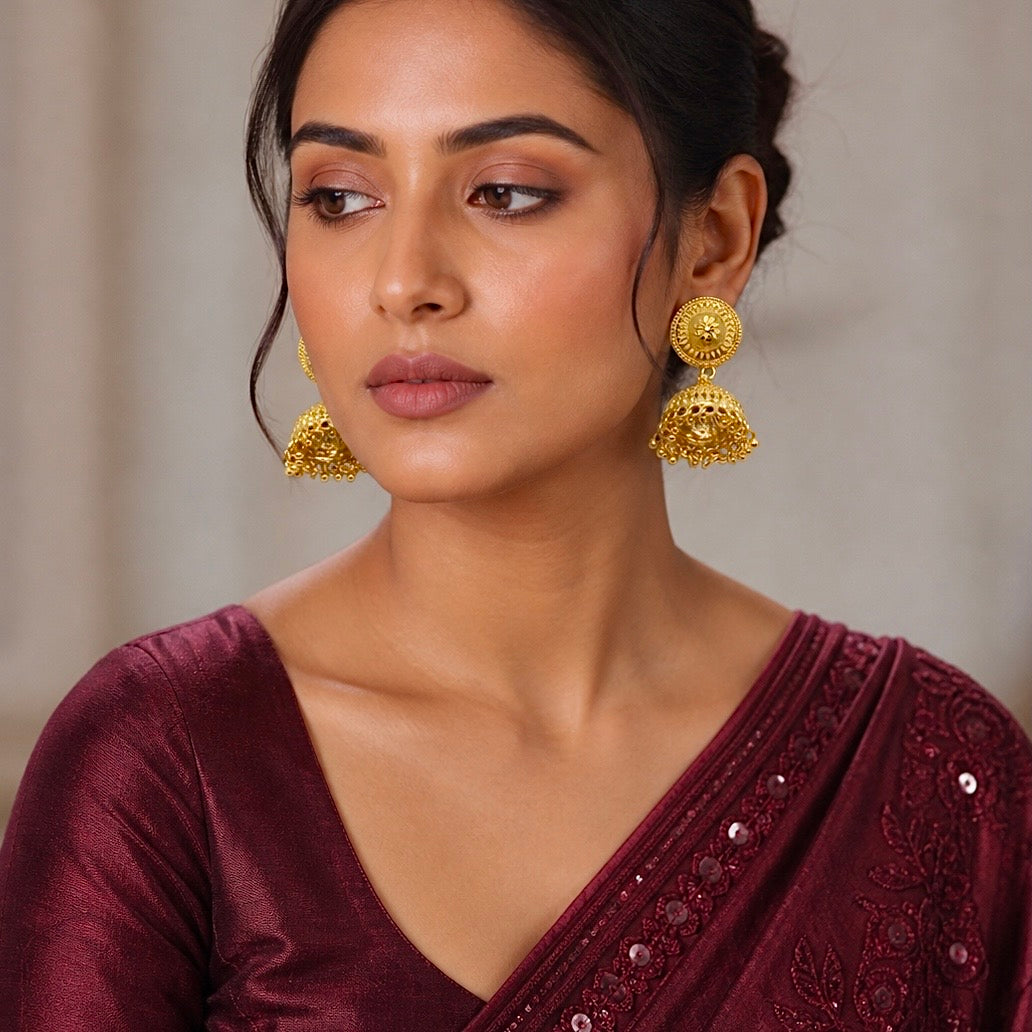 Traditional Coin Stud Gold Jhumki Earrings | Temple Jewellery Mesh Work | Handmade Jhumki’s