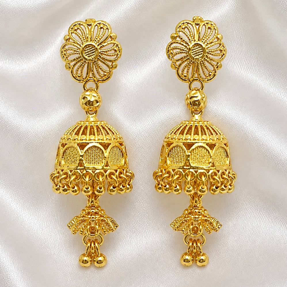 Traditional Floral Double Layer Gold Jhumki Earrings | Ghungroo Mesh Temple Jewellery