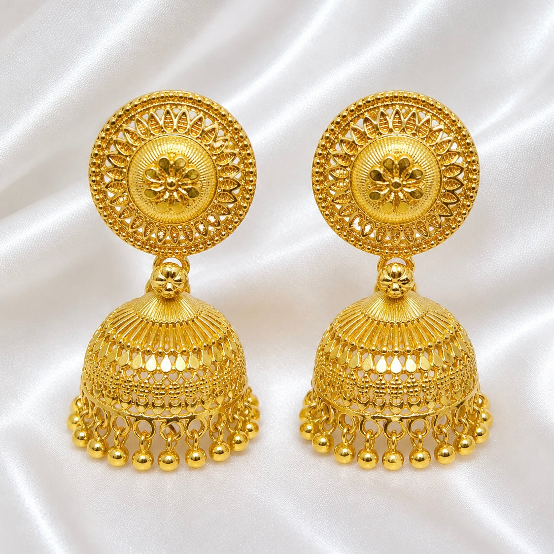 Traditional Coin Stud Gold Jhumki Earrings | Temple Jewellery Mesh Work | Handmade Jhumki’s