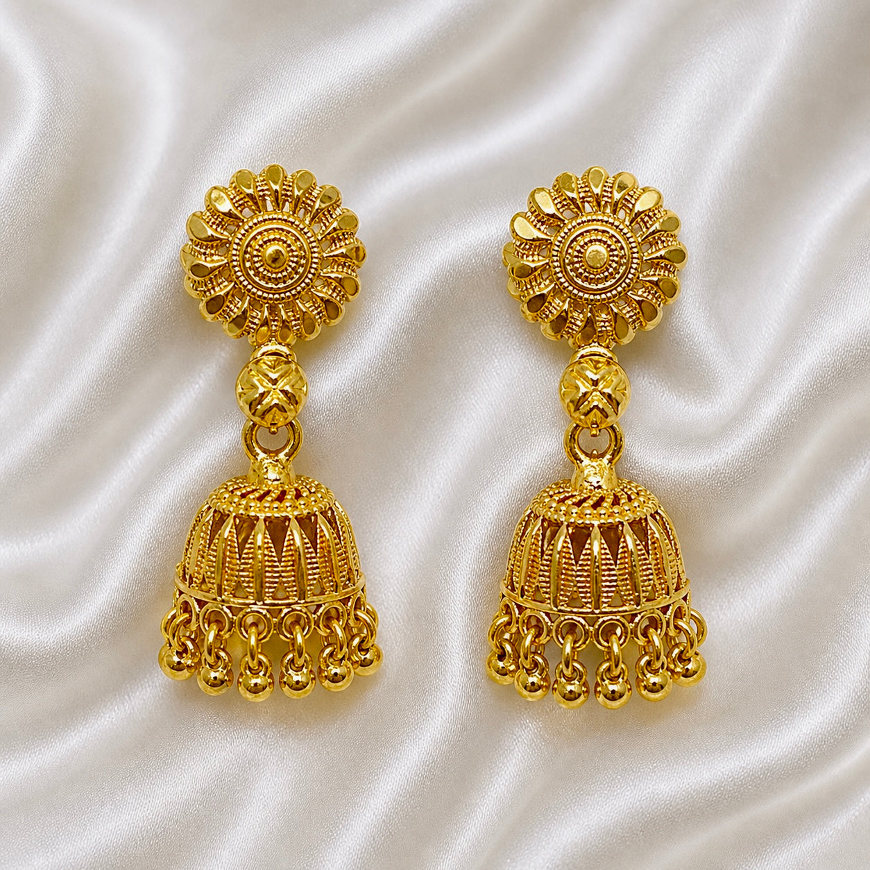 Traditional Double Jhumki Ghungroo Mesh Work Gold Jhumki Earrings