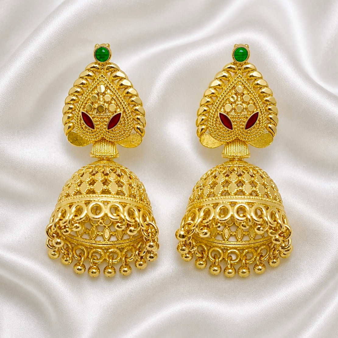 Traditional Meenakari Ghungroo Mesh Work Gold Jhumki Earrings | Temple Jewellery
