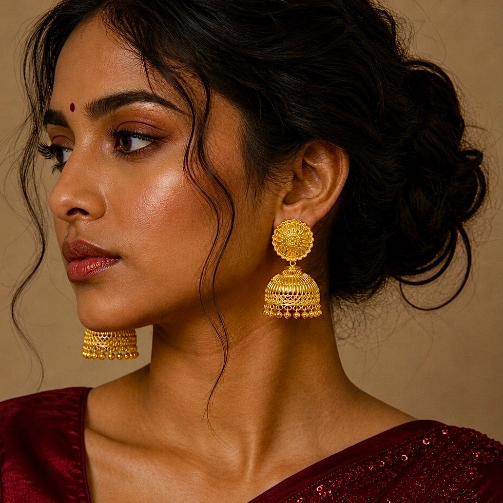 Traditional Ghungroo Mesh Work Gold Jhumki Earrings – Temple Jewellery