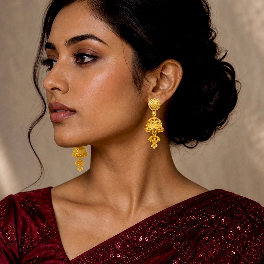 Traditional Floral Double Layer Gold Jhumki Earrings | Ghungroo Mesh Temple Jewellery