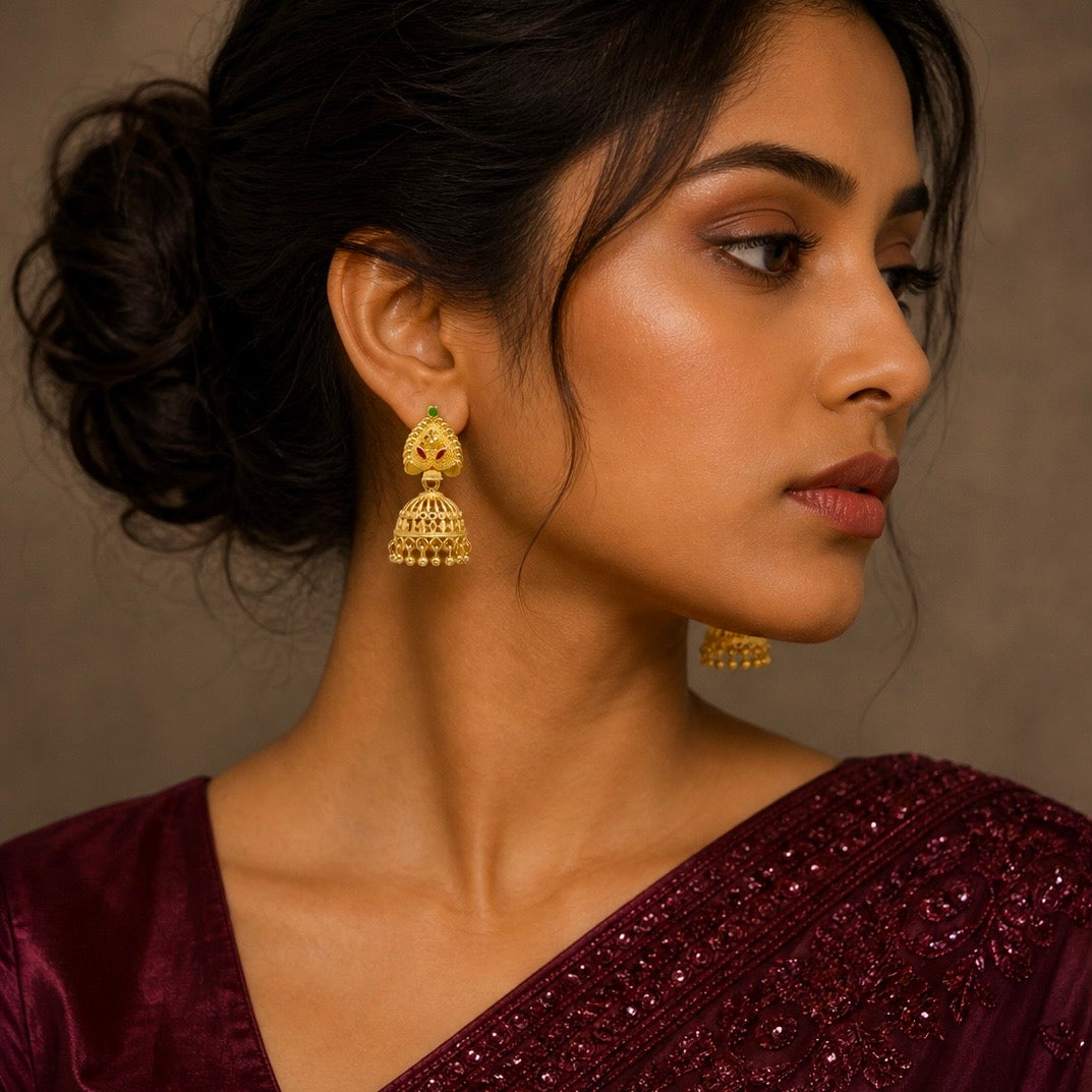 Traditional Meenakari Ghungroo Mesh Work Gold Jhumki Earrings | Temple Jewellery