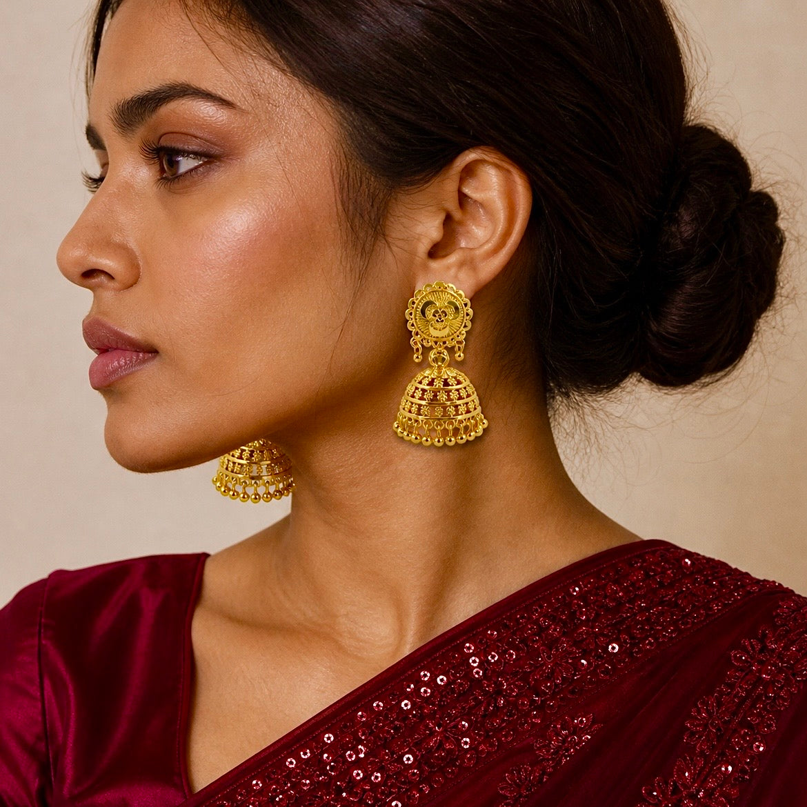 Traditional Ghungroo floral Mesh Work Gold Jhumki Earrings | Temple Jewellery