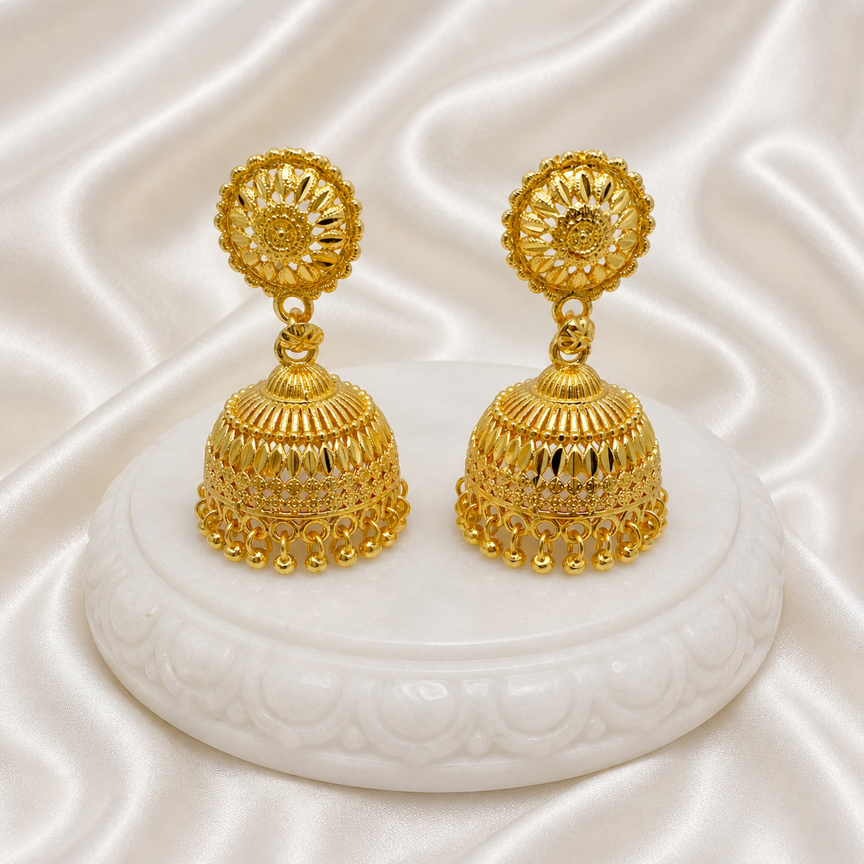 Traditional Ghungroo Mesh Work Gold Jhumki Earrings – Temple Jewellery