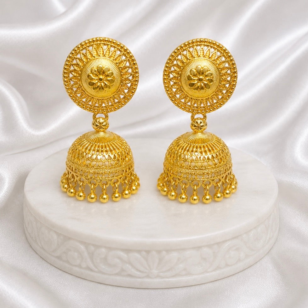Traditional Coin Stud Gold Jhumki Earrings | Temple Jewellery Mesh Work | Handmade Jhumki’s
