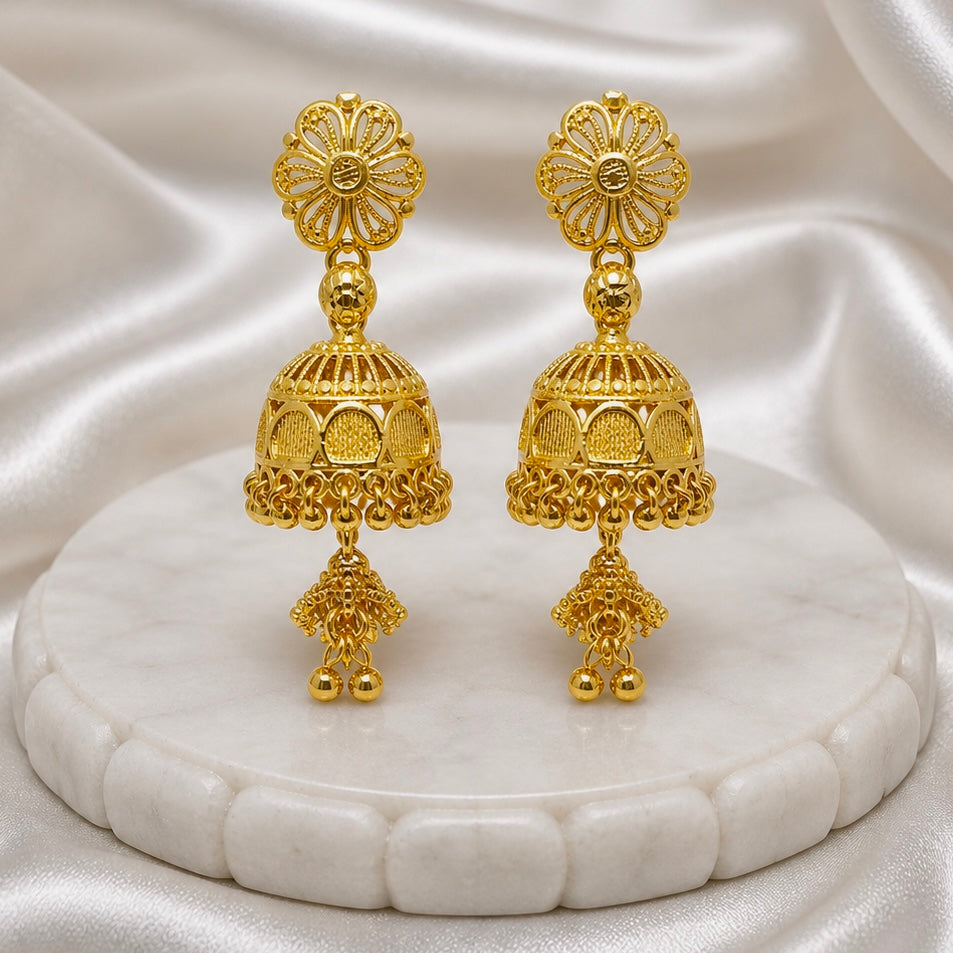 Traditional Floral Double Layer Gold Jhumki Earrings | Ghungroo Mesh Temple Jewellery