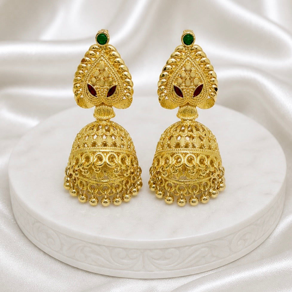 Traditional Meenakari Ghungroo Mesh Work Gold Jhumki Earrings | Temple Jewellery