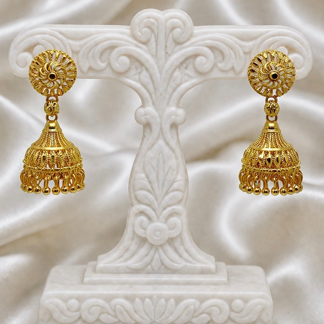 Traditional Petal Mesh Gold Jhumki Earrings – Temple Style Ghungroo Jhumki’s