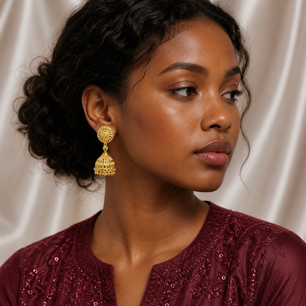Traditional Petal Mesh Gold Jhumki Earrings – Temple Style Ghungroo Jhumki’s