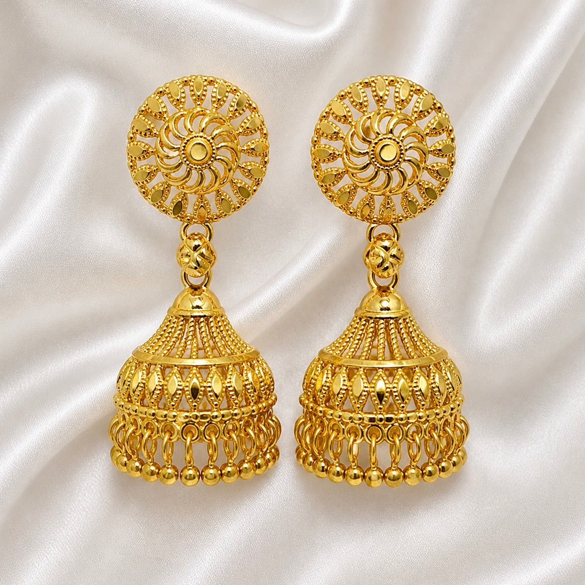 Traditional Petal Mesh Gold Jhumki Earrings – Temple Style Ghungroo Jhumki’s