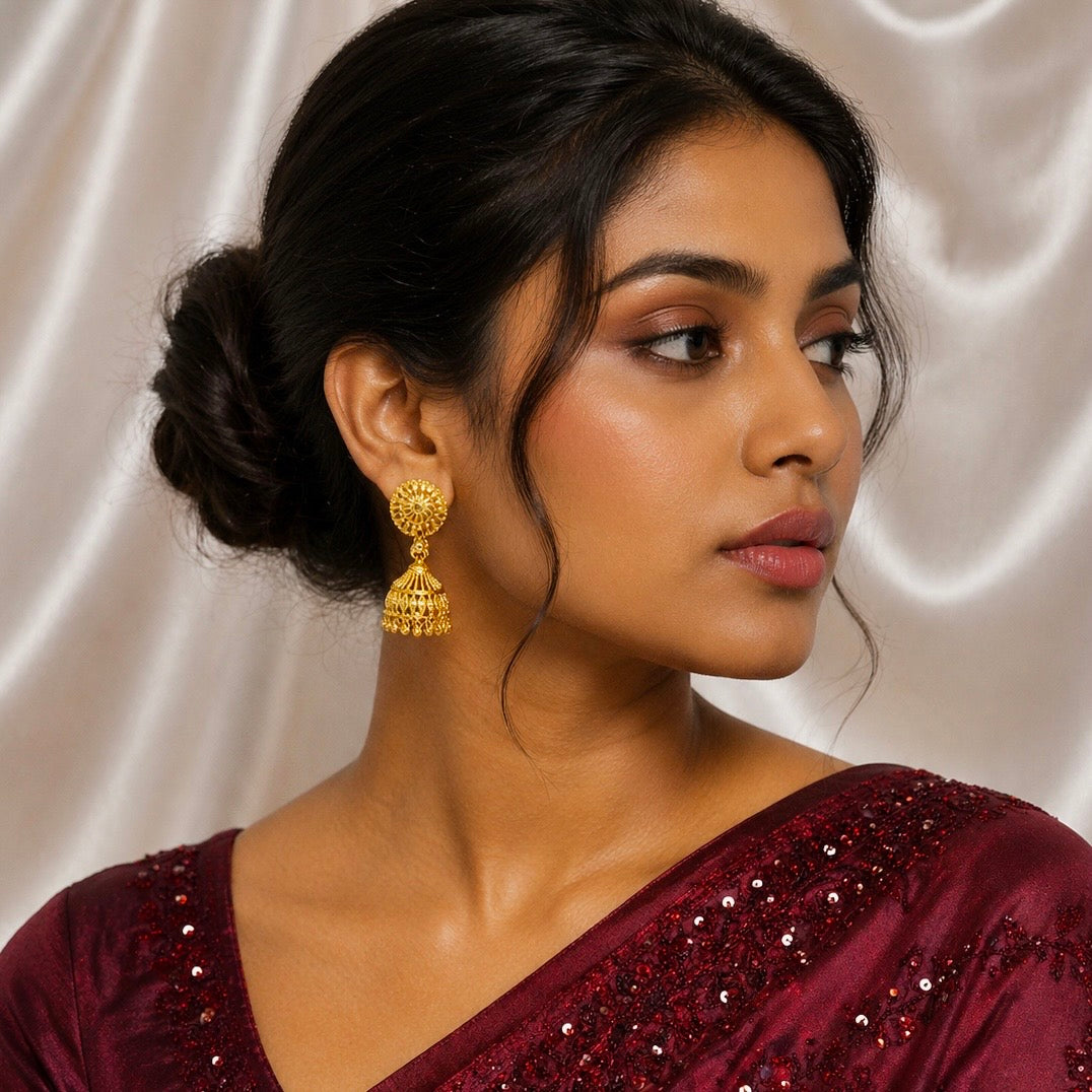 Traditional Petal Mesh Gold Jhumki Earrings – Temple Style Ghungroo Jhumki’s