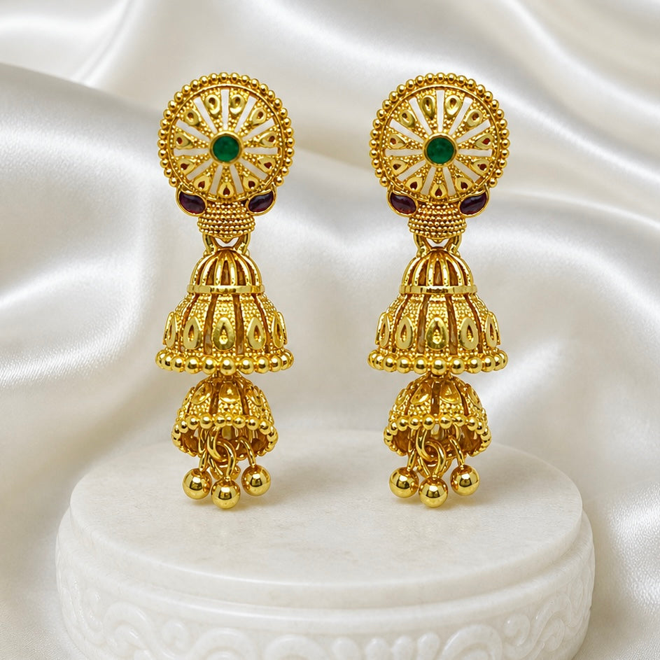 Traditional Gold Ghungroo leaf Mesh Work Temple Jhumki Earrings