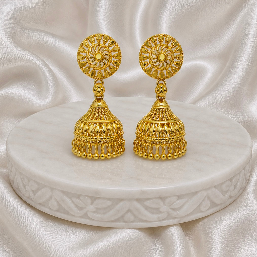 Traditional Petal Mesh Gold Jhumki Earrings – Temple Style Ghungroo Jhumki’s