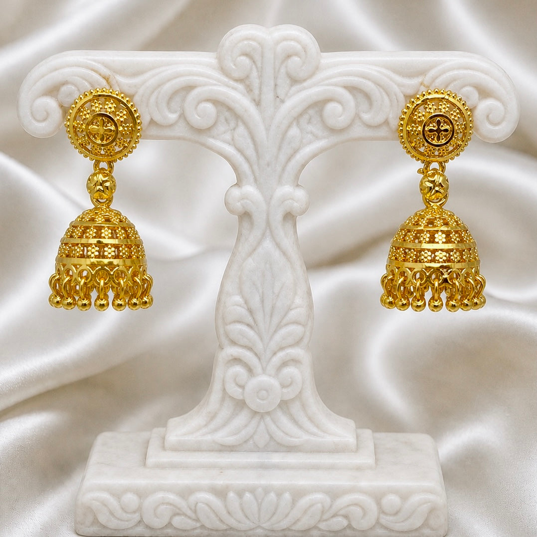 Traditional Floral Ghungroo Mesh Gold Jhumki Earrings (Temple Jewellery)