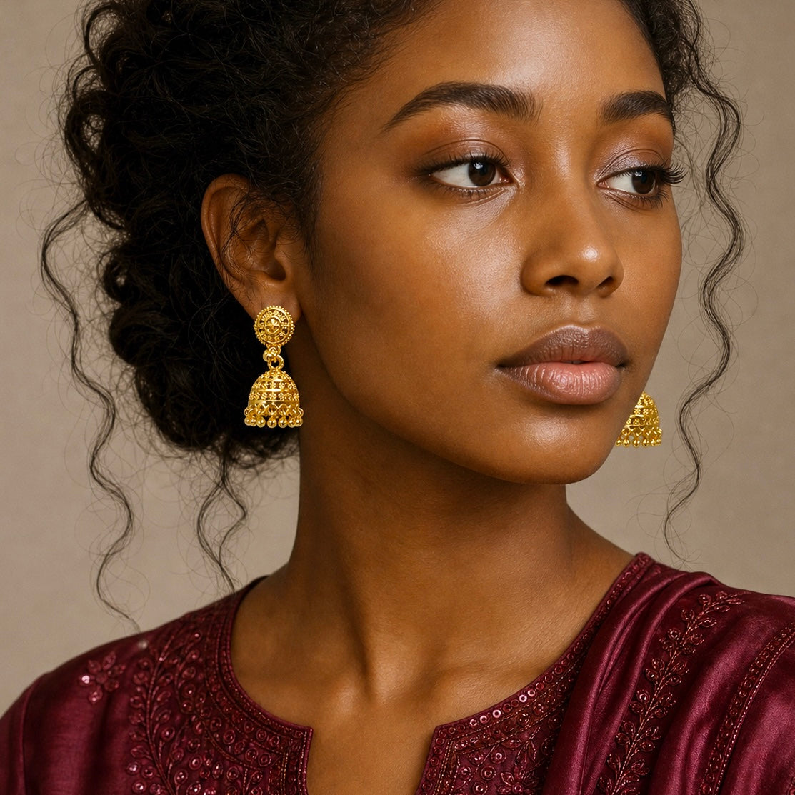 Traditional Floral Ghungroo Mesh Gold Jhumki Earrings (Temple Jewellery)