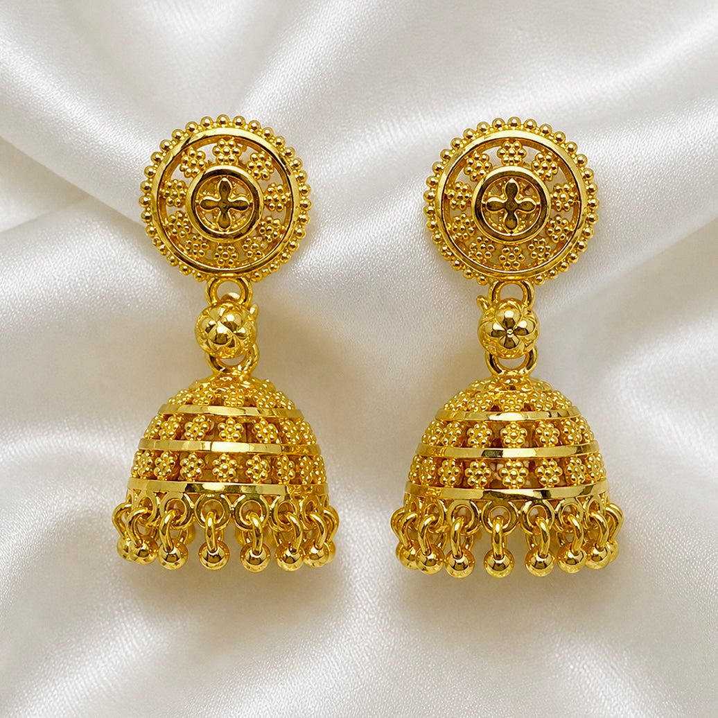Traditional Floral Ghungroo Mesh Gold Jhumki Earrings (Temple Jewellery)