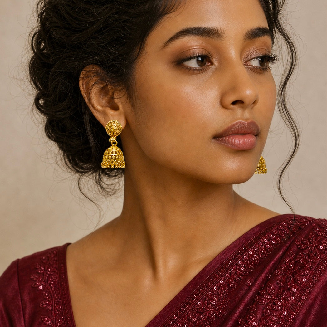 Traditional Floral Ghungroo Mesh Gold Jhumki Earrings (Temple Jewellery)