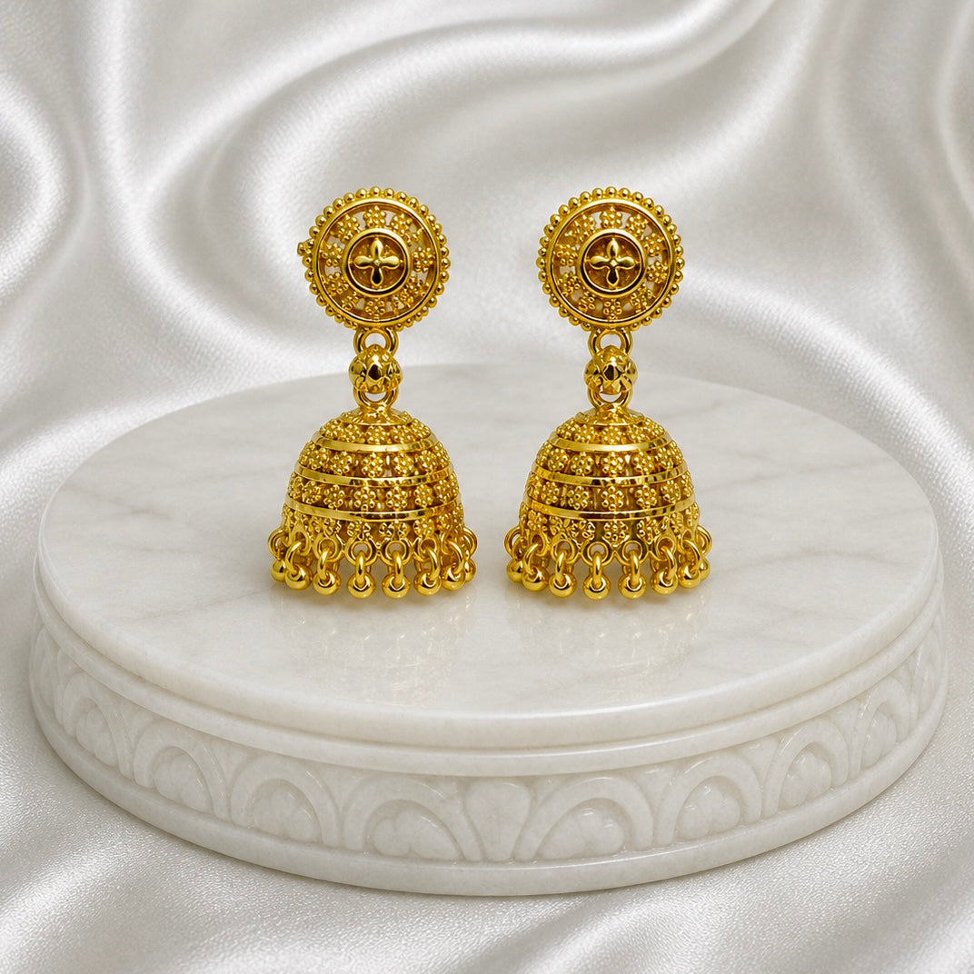 Traditional Floral Ghungroo Mesh Gold Jhumki Earrings (Temple Jewellery)