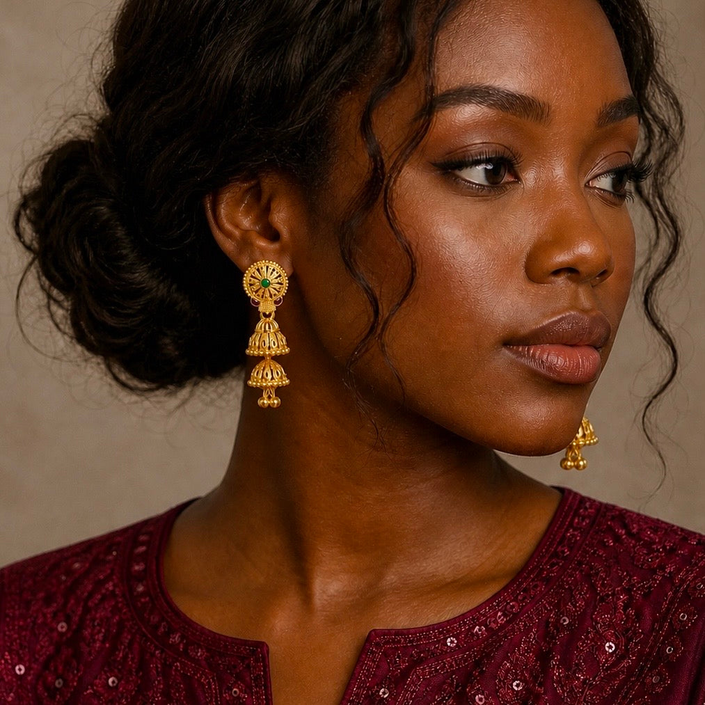 Traditional Gold Ghungroo leaf Mesh Work Temple Jhumki Earrings