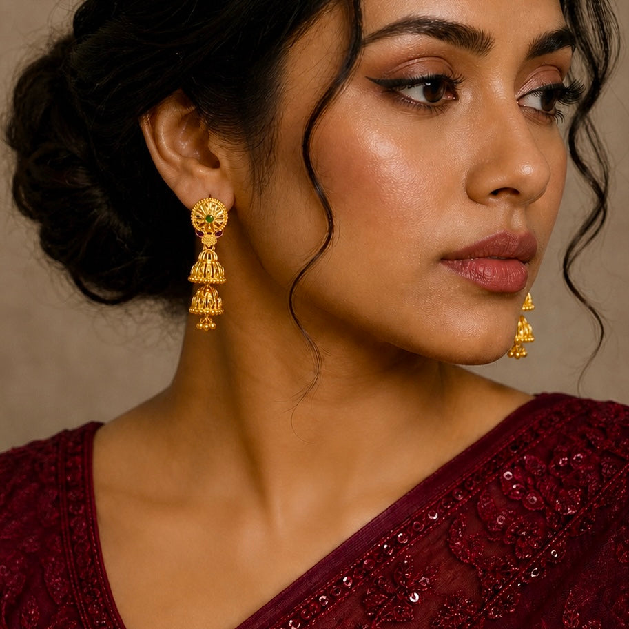 Traditional Gold Ghungroo leaf Mesh Work Temple Jhumki Earrings