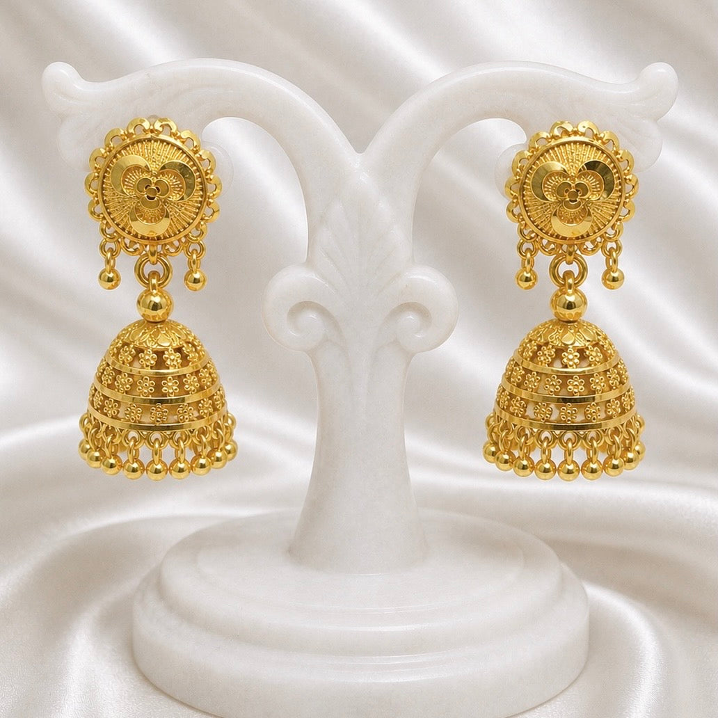 Traditional Ghungroo floral Mesh Work Gold Jhumki Earrings | Temple Jewellery