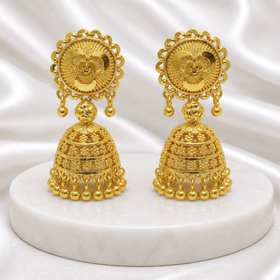 Traditional Ghungroo floral Mesh Work Gold Jhumki Earrings | Temple Jewellery
