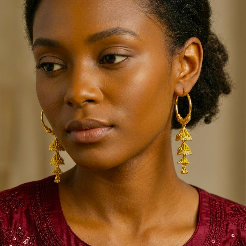 Traditional Gold Hoop Earrings with Tiered Jhumka Drops | Handcrafted Temple Style Hoops