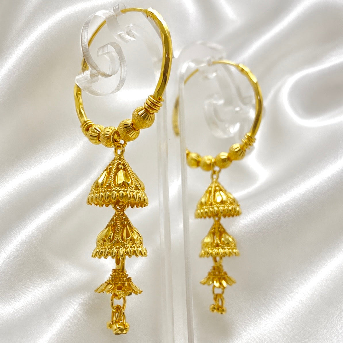 Traditional Gold Hoop Earrings with Tiered Jhumka Drops | Handcrafted Temple Style Hoops