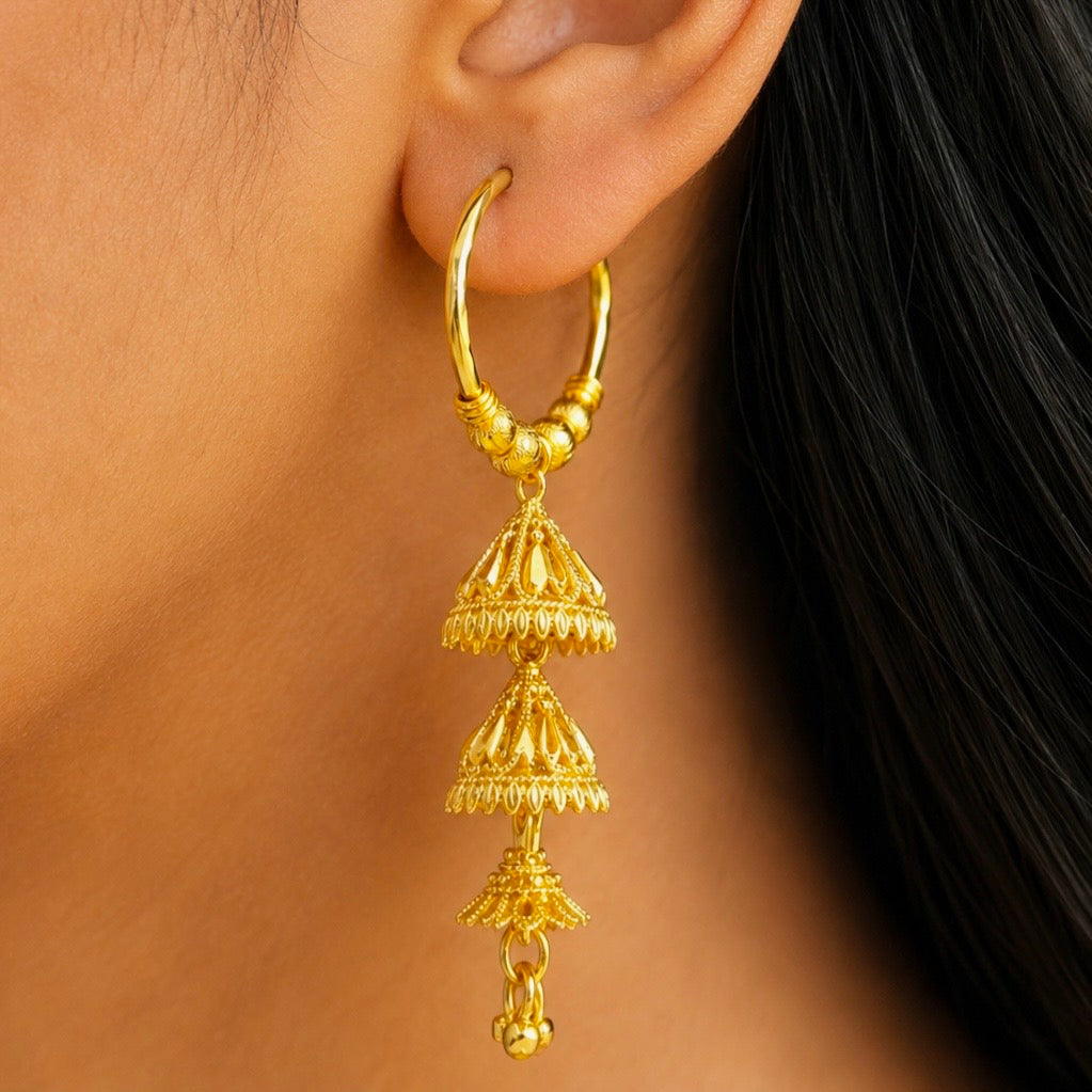 Traditional Gold Hoop Earrings with Tiered Jhumka Drops | Handcrafted Temple Style Hoops