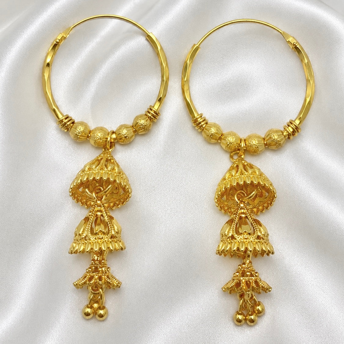 Traditional Gold Hoop Earrings with Tiered Jhumka Drops | Handcrafted Temple Style Hoops