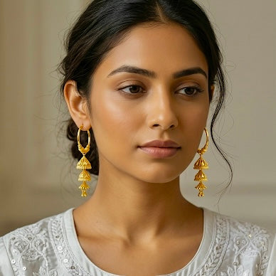Traditional Gold Hoop Earrings with Tiered Jhumka Drops | Handcrafted Temple Style Hoops