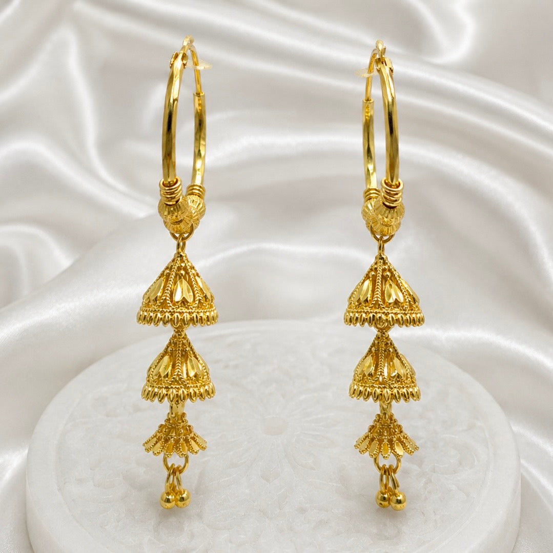 Traditional Gold Hoop Earrings with Tiered Jhumka Drops | Handcrafted Temple Style Hoops