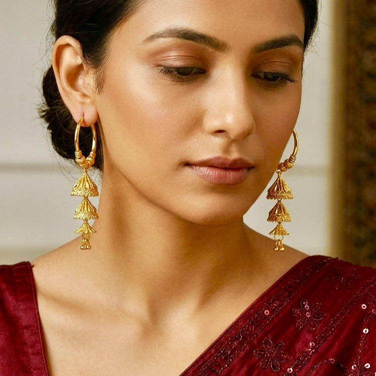 Traditional Gold Hoop Earrings with Tiered Jhumka Drops | Handcrafted Temple Style Hoops