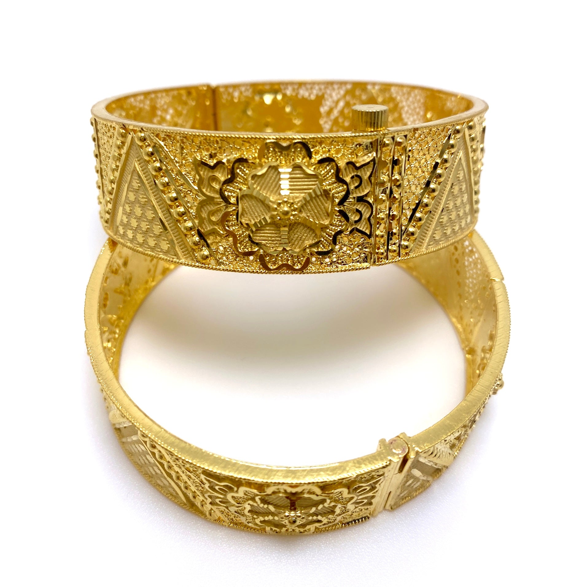 Luxury Turkish Gold Mesh Bangle Pair with Floral Motif Detailing