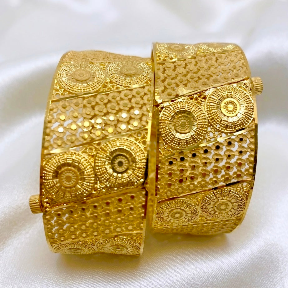Premium Turkish Gold Floral Mesh Bangle Pair with Intricate Medallion Work